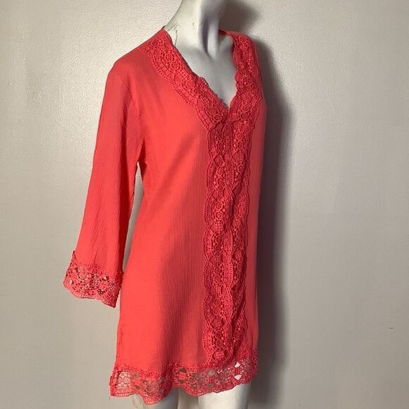 Isaac Mizrahi New York Womens gauze tunic top shirt medium lightweight crochet - Picture 3 of 8